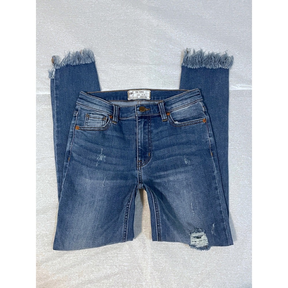Free People Reagan Destroyed Skinny Blue Womens Jeans W25